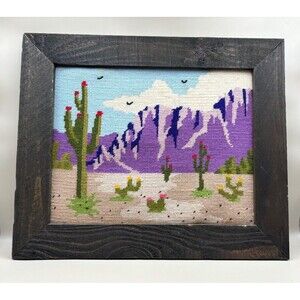 VTG Framed 13.25" X 10.5" Wall Art Picture Needlepoint SW Scene Cactus Mountains